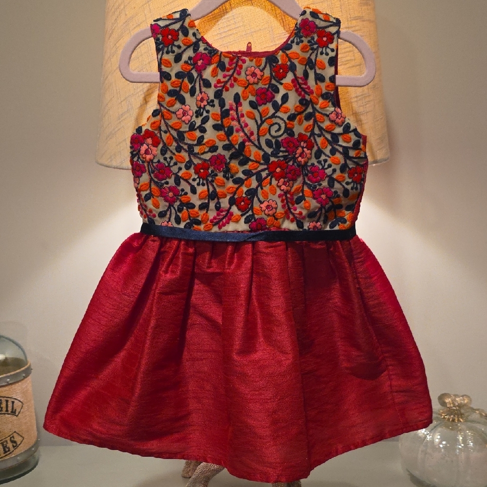 Floral Embroidered Red Kids Dress